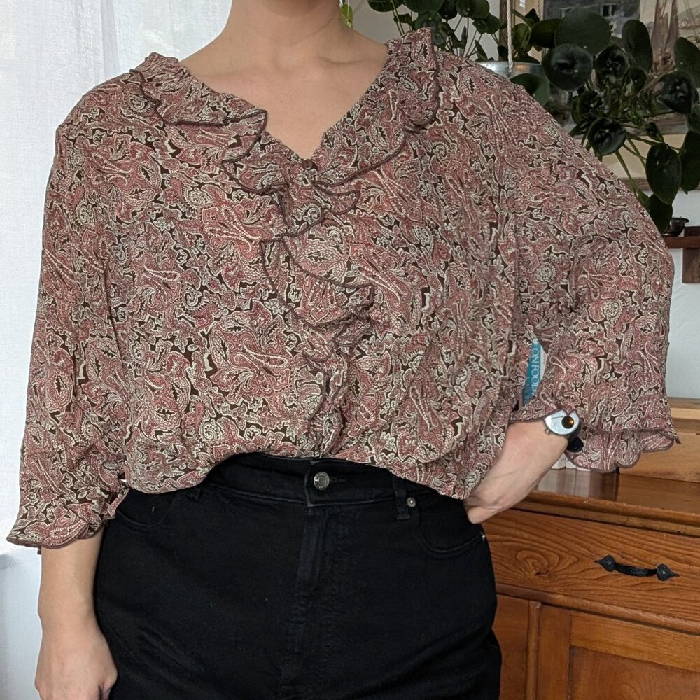 Lane Bryant - 90s 100% silk ruffle top - brown & pink paisley - 22/24
